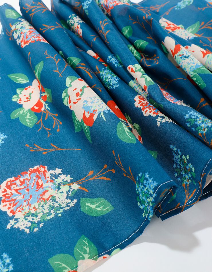 Foulard fabriqué en France imprimé fleurs bleu/vert, 198 x 38 cm - coton (bleu)