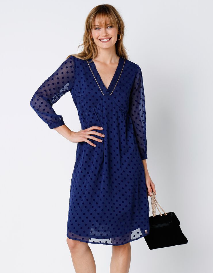 Robe plumetis manches 7/8ème (bleu nuit) Robe plumetis manches 7/8ème (bleu nuit)