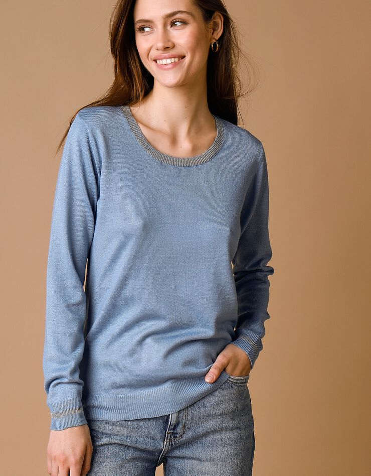Pull col rond détails brillants, toucher cachemire (bleu grisé) Pull col rond détails brillants, toucher cachemire (bleu grisé)