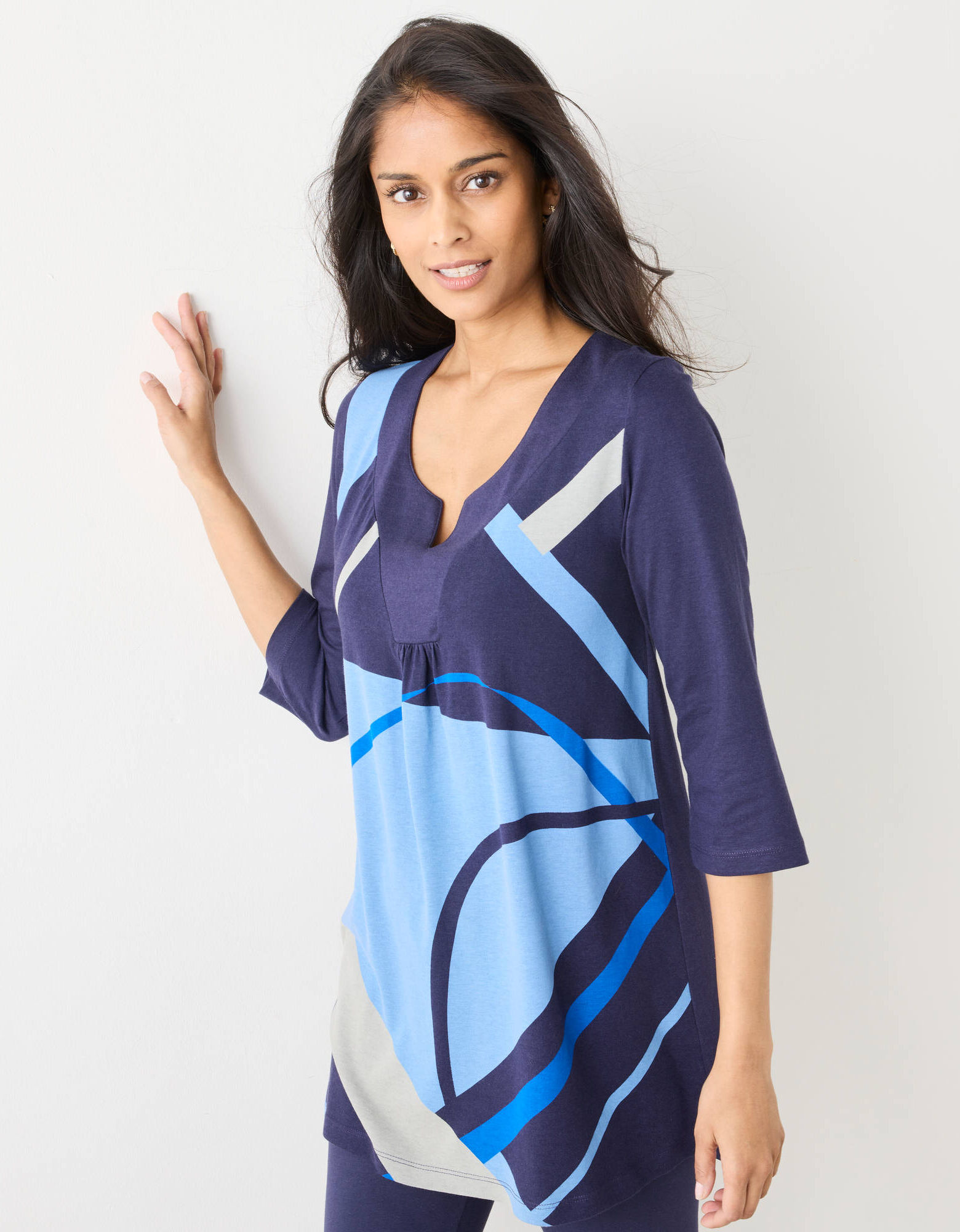 Haut Col V Marron Foncé New York & Company - Taille XS, Manches 3/4, Coton Stretch, Neuf Avec étiquette