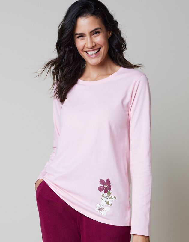T-shirt pyjama manches longues imprimé fleuri (rose)