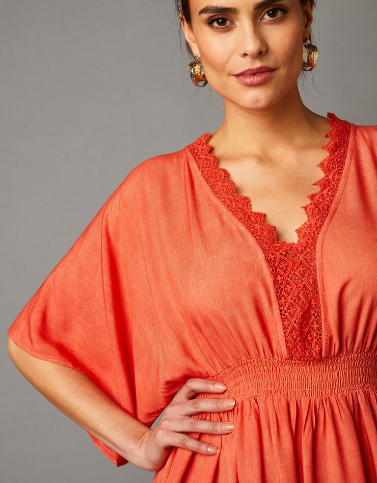 Robe longue fluide décolleté macramé (paprika)