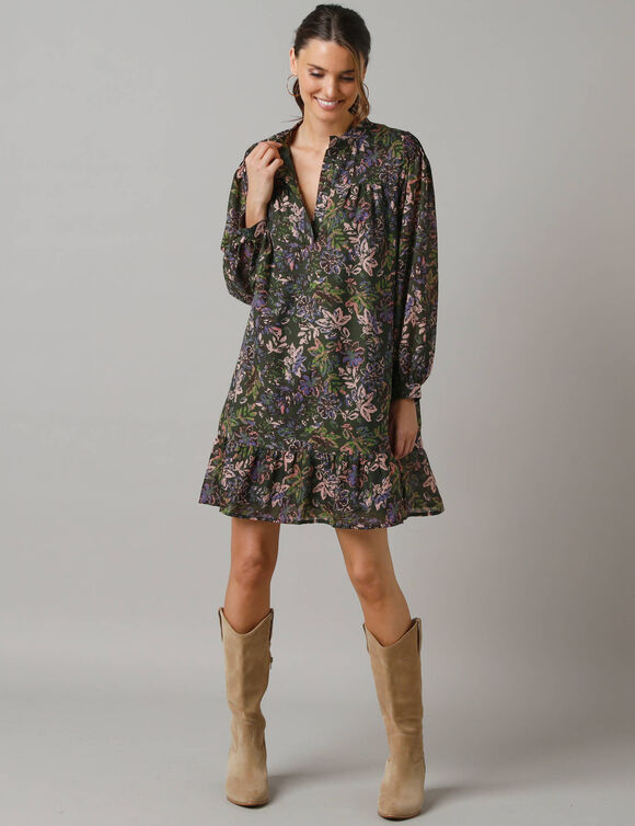 Robe courte boutonnée, manches amples (kaki / rose)