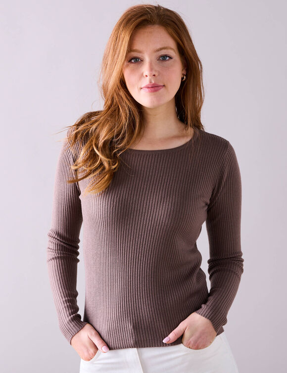 Pull col rond manches longues maille côtelée (taupe)