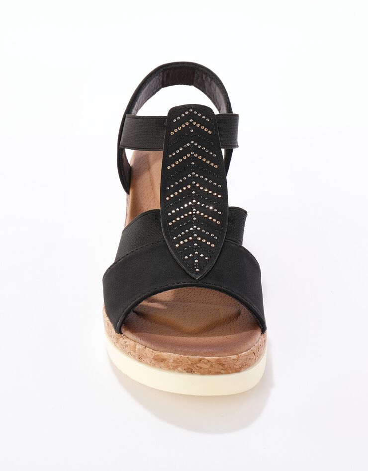 Sandales compensées à feuille perlée, talon fantaisie tri-matière (noir)