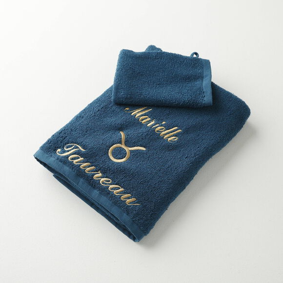 Serviettes de bain brod&eacute;es Taureau personnalisable - 420g/m2 (bleu paon)