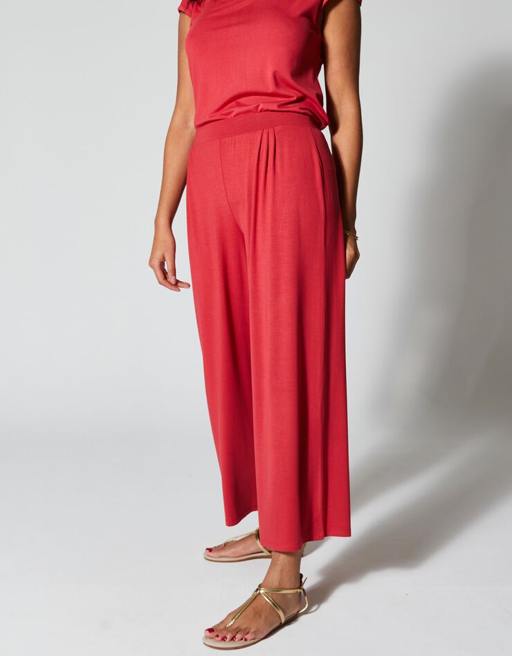 Pantalon large 7/8ème taille élastiquée maille fluide unie (rouge)