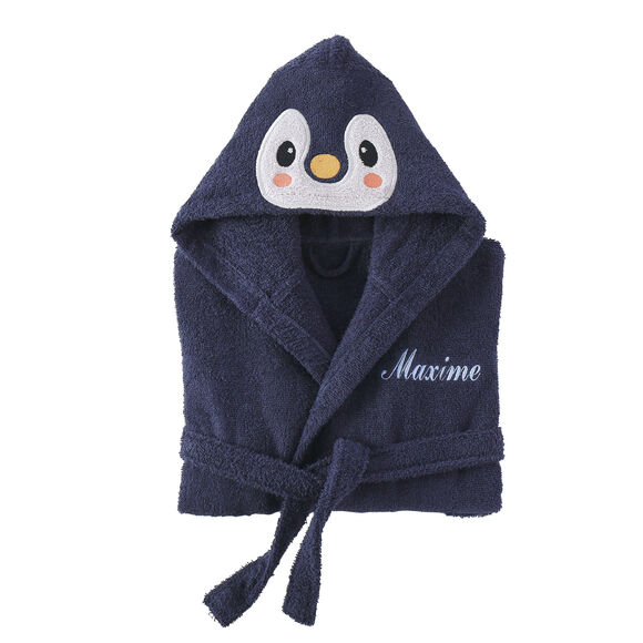 Peignoir de bain enfant personnalisable Pingouin, à capuche (bleu)