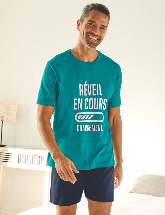 Pyjama short col rond &agrave; message (bleu canard / marine)