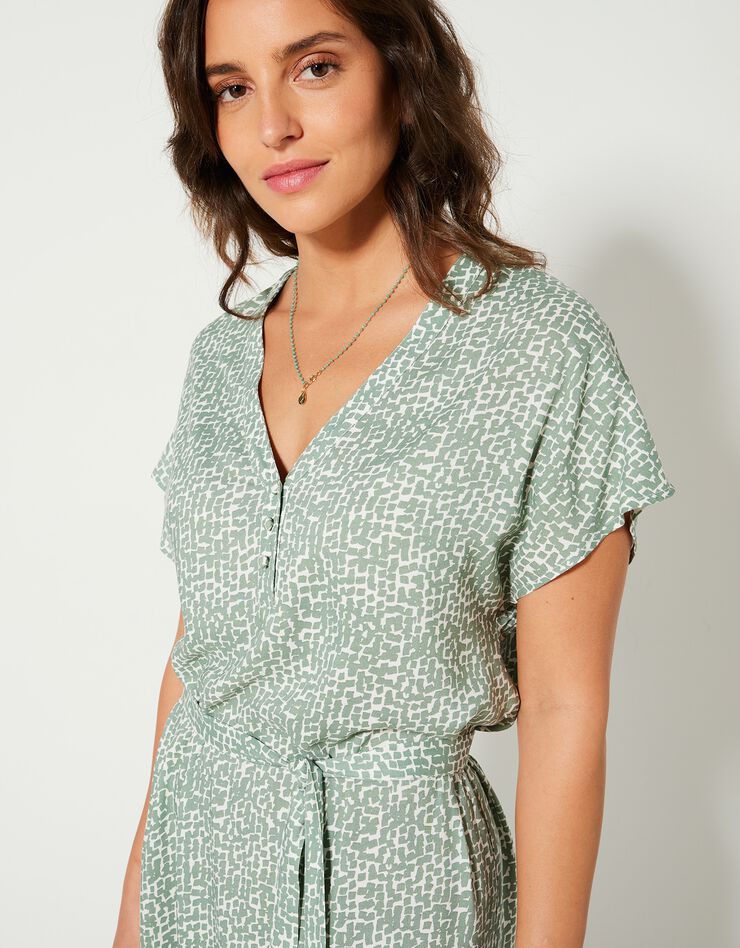 Robe droite longue fluide manches courtes, imprimé (vert amande / blanc) Robe droite longue fluide manches courtes, imprimé (vert amande / blanc)