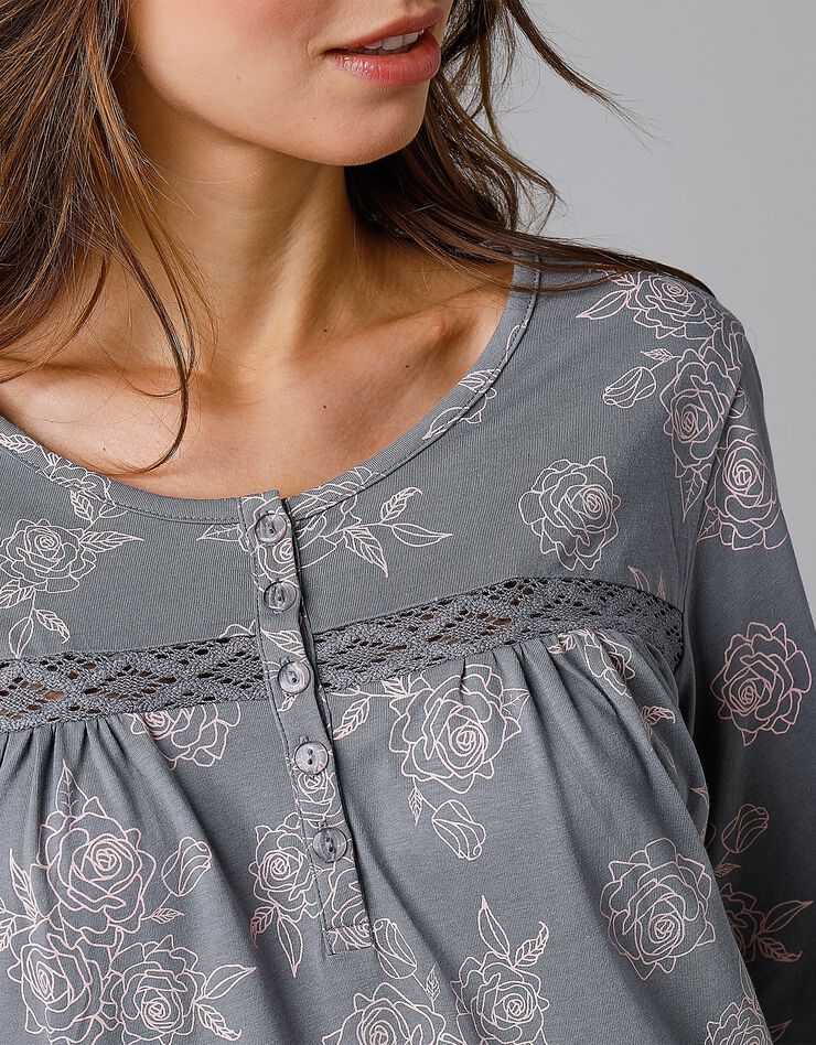 Chemise de nuit longue manches longues imprimée "roses" (gris / rose)