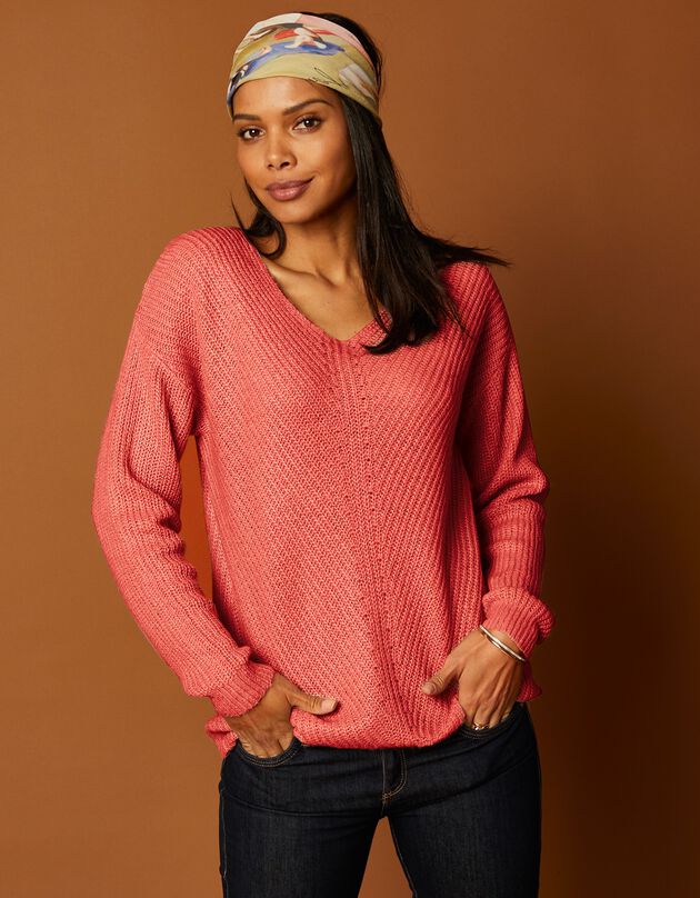 Pull col V, maille anglaise toucher mohair (corail grisé)