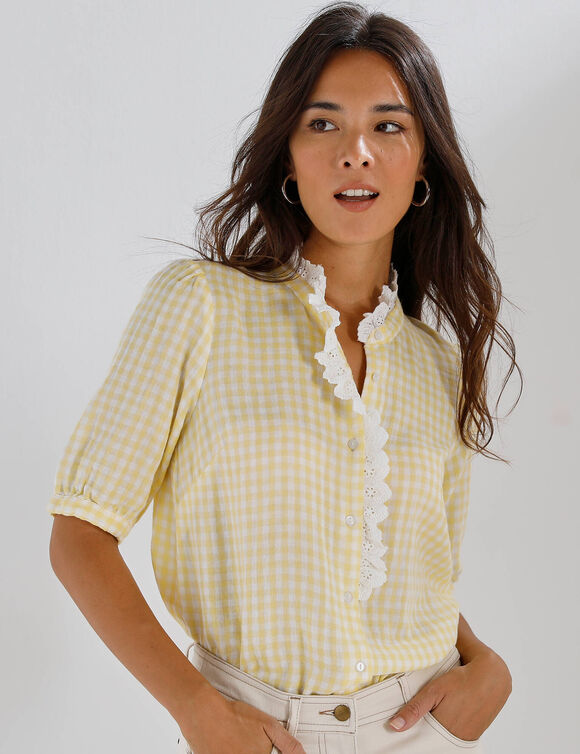 Chemisier &agrave; carreaux, en gaze de coton    (jaune)