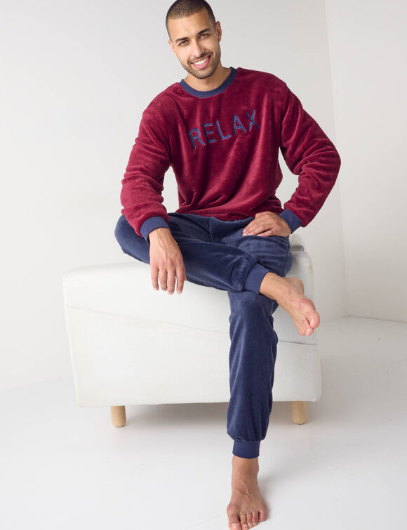 Pyjama "Relax" en maille polaire, toucher peluche (bordeaux / marine)