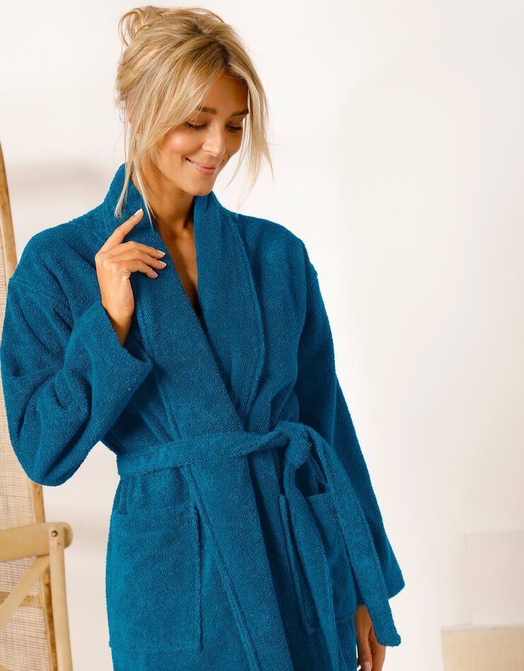 Peignoir mixte adulte col châle éponge bouclette (bleu paon)