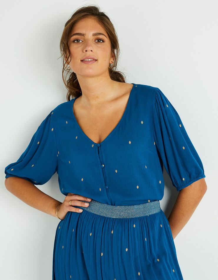 Blouse imprimé doré, crépon (bleu paon / doré) Blouse imprimé doré, crépon (bleu paon / doré)