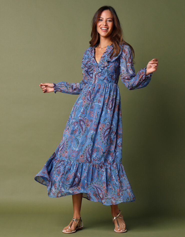 Robe longueur midi volantée en voile imprimé (bleu)