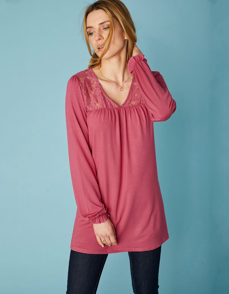 Tunique col V dentelle jersey (bois de rose) Tunique col V dentelle jersey (bois de rose)