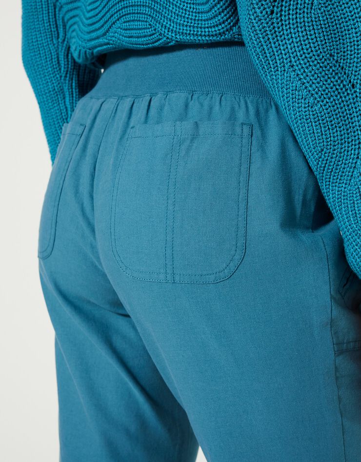 Pantalon coupe droite 7/8ème taille élastiquée, lin coton (bleu paon) Pantalon coupe droite 7/8ème taille élastiquée, lin coton (bleu paon)