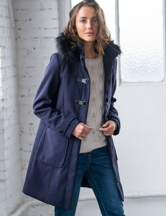 Duffle-coat capuche fausse fourrure uni (marine)