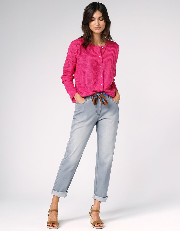 Cardigan boutons façon perles, maille anglaise (rose)