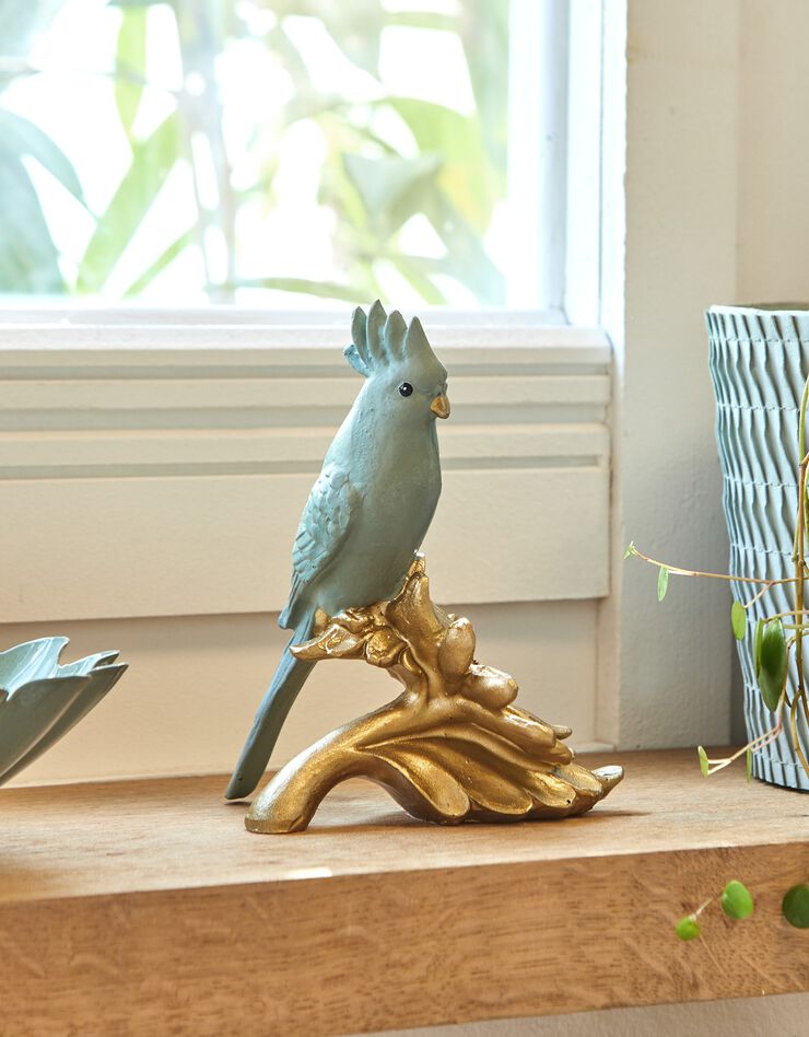 Statuette perroquet sur fleur dorée (gris/doré)