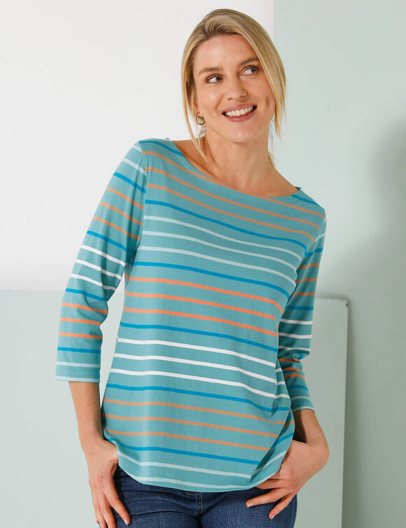 T-shirt marinière rayé manches 3/4 (céladon / corail)