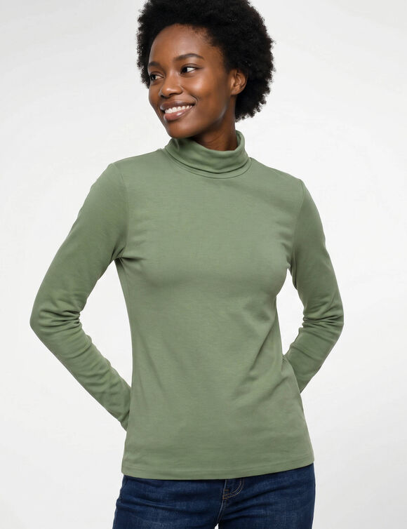 Sous-pull col roul&eacute; coton stretch uni (kaki)