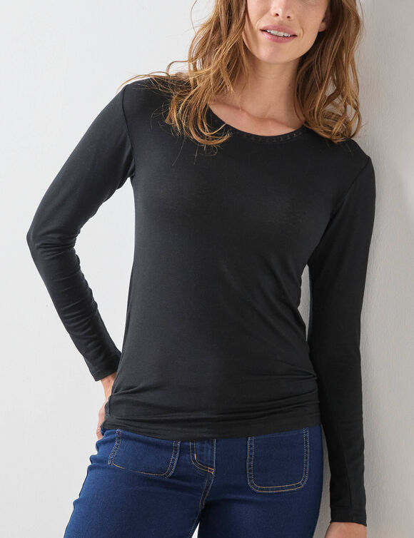 T-shirt chaleur manches longues en laine m&eacute;lang&eacute;e (noir)