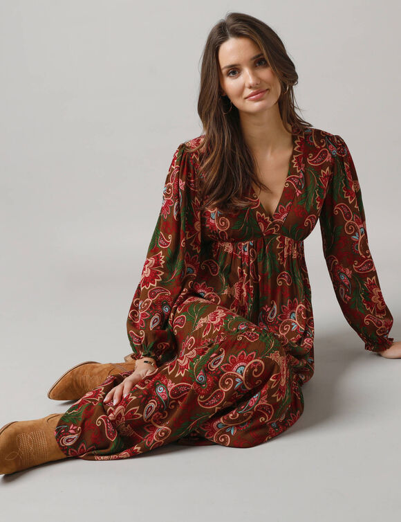 Robe longue col V manches blousantes, crépon imprimé (multicolore)