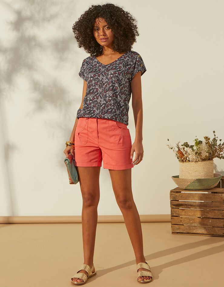Tee-shirt imprimé col V, manches courtes et boutons sur épaules (marine) Tee-shirt imprimé col V, manches courtes et boutons sur épaules (marine)