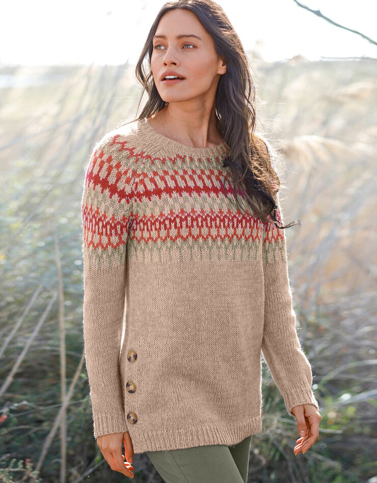 Pull jacquard fente boutonné toucher mohair (beige chiné) Pull jacquard fente boutonné toucher mohair (beige chiné)
