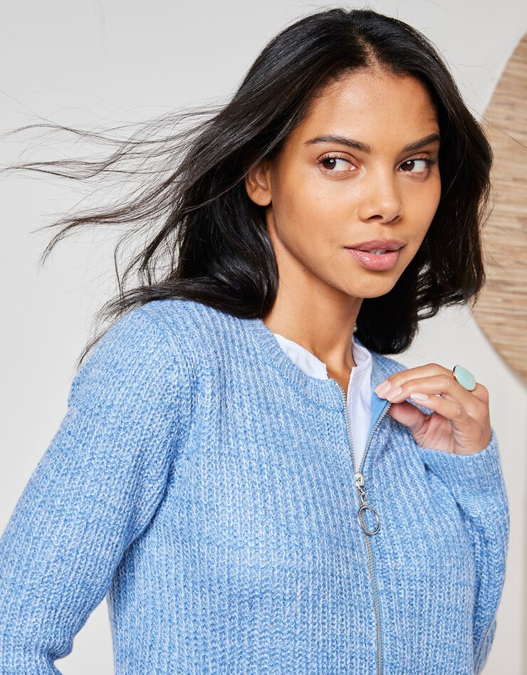 Gilet zippé maille anglaise toucher mohair (bleu chiné) Gilet zippé maille anglaise toucher mohair (bleu chiné)