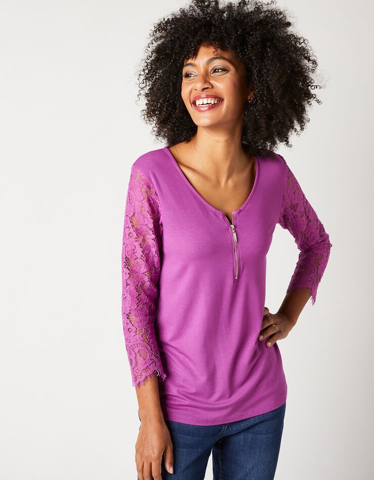 Tee-shirt col zippé manches 3/4 dentelle jersey (violine) Tee-shirt col zippé manches 3/4 dentelle jersey (violine)