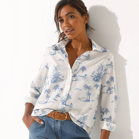 Chemise imprim&eacute; palmiers bicolore (blanc / bleu)
