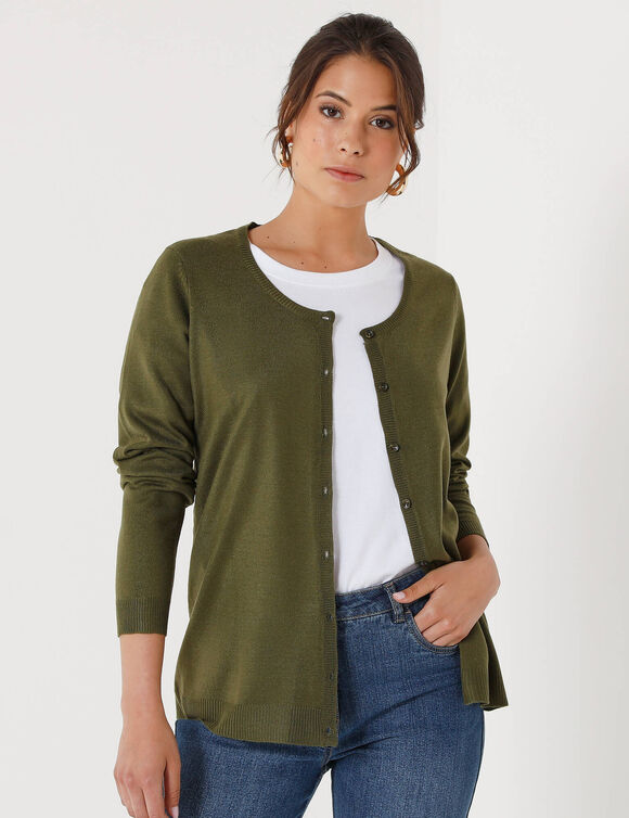 Cardigan boutonné col rond uni, toucher doux (kaki)