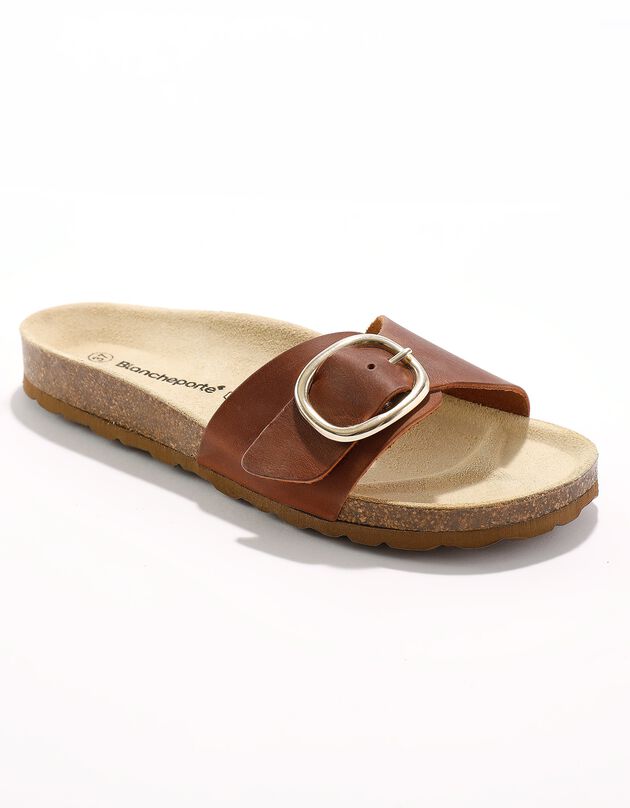 Mules cuir préformé à large boucle semelle effet liège (marron) Mules cuir préformé à large boucle semelle effet liège (marron)