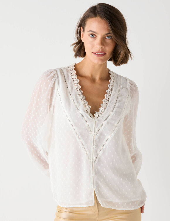 Chemisier voile plumetis, d&eacute;tails macram&eacute; (&eacute;cru)