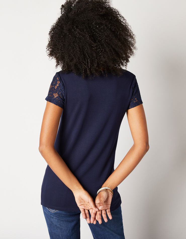 T-shirt dentelle col rond manches courtes (marine)