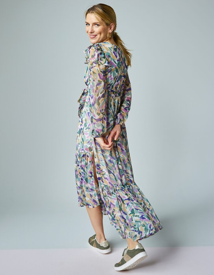 Robe longue volantée asymétrique en voile imprimé (kaki / naturel)