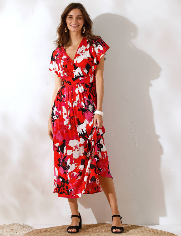 Robe cache-coeur imprimée, crépon (rouge / rose)