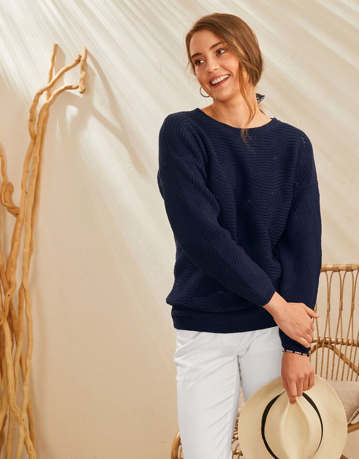 Pull manches longues, maille fantaisie (marine) Pull manches longues, maille fantaisie (marine)