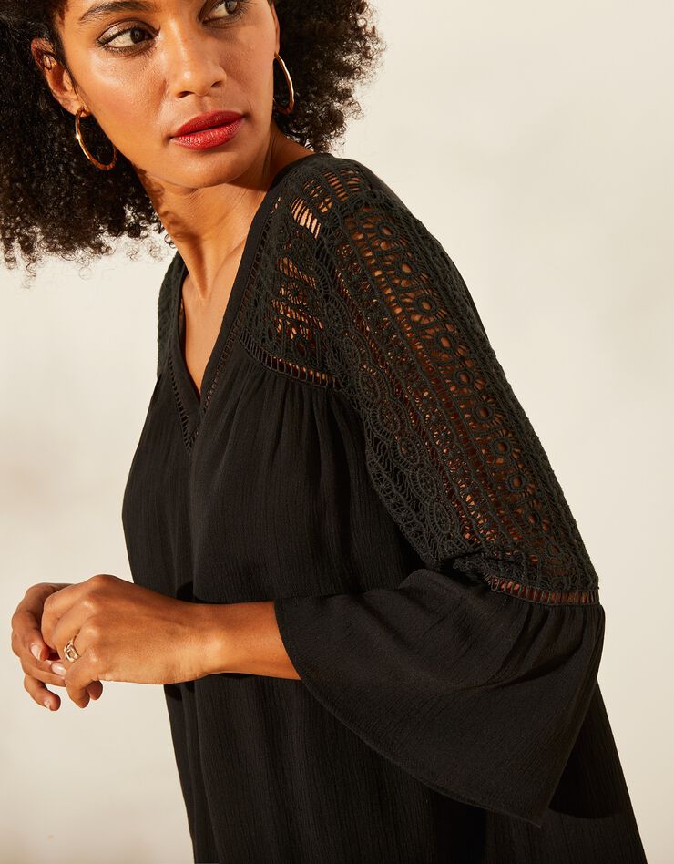 Robe évasée, manches ¾, détails macramé (noir) Robe évasée, manches ¾, détails macramé (noir)