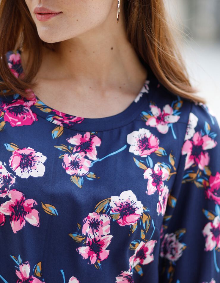 Robe housse imprimé fleurs, crêpe (indigo / fuchsia)