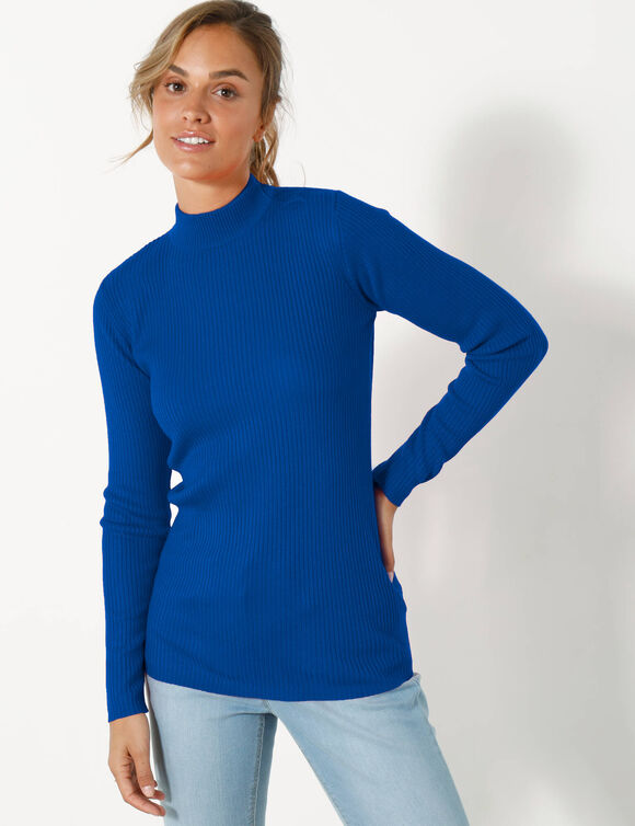 Pull col montant long, maille côtelée (bleu vif)