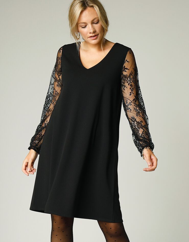 Robe trapèze noire unie manches dentelle ajourée (noir) Robe trapèze noire unie manches dentelle ajourée (noir)