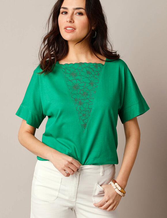 T-shirt boite brodé, manches courtes amples (vert)