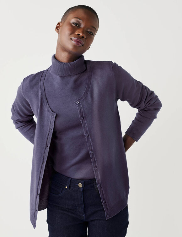 Cardigan boutonn&eacute; col rond uni, toucher doux (aubergine)