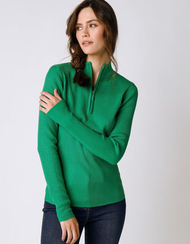 Pull col montant zippé maille côtelée (vert) Pull col montant zippé maille côtelée (vert)