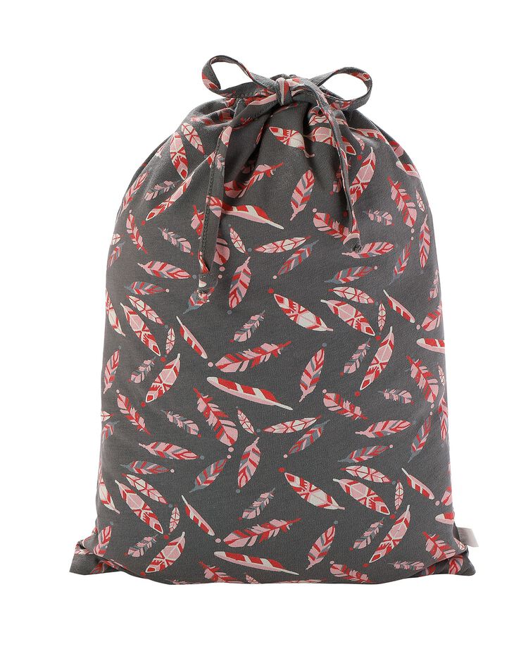 Pyjama pantacourt en jersey imprimé plumes avec pochon assorti (gris / rose)